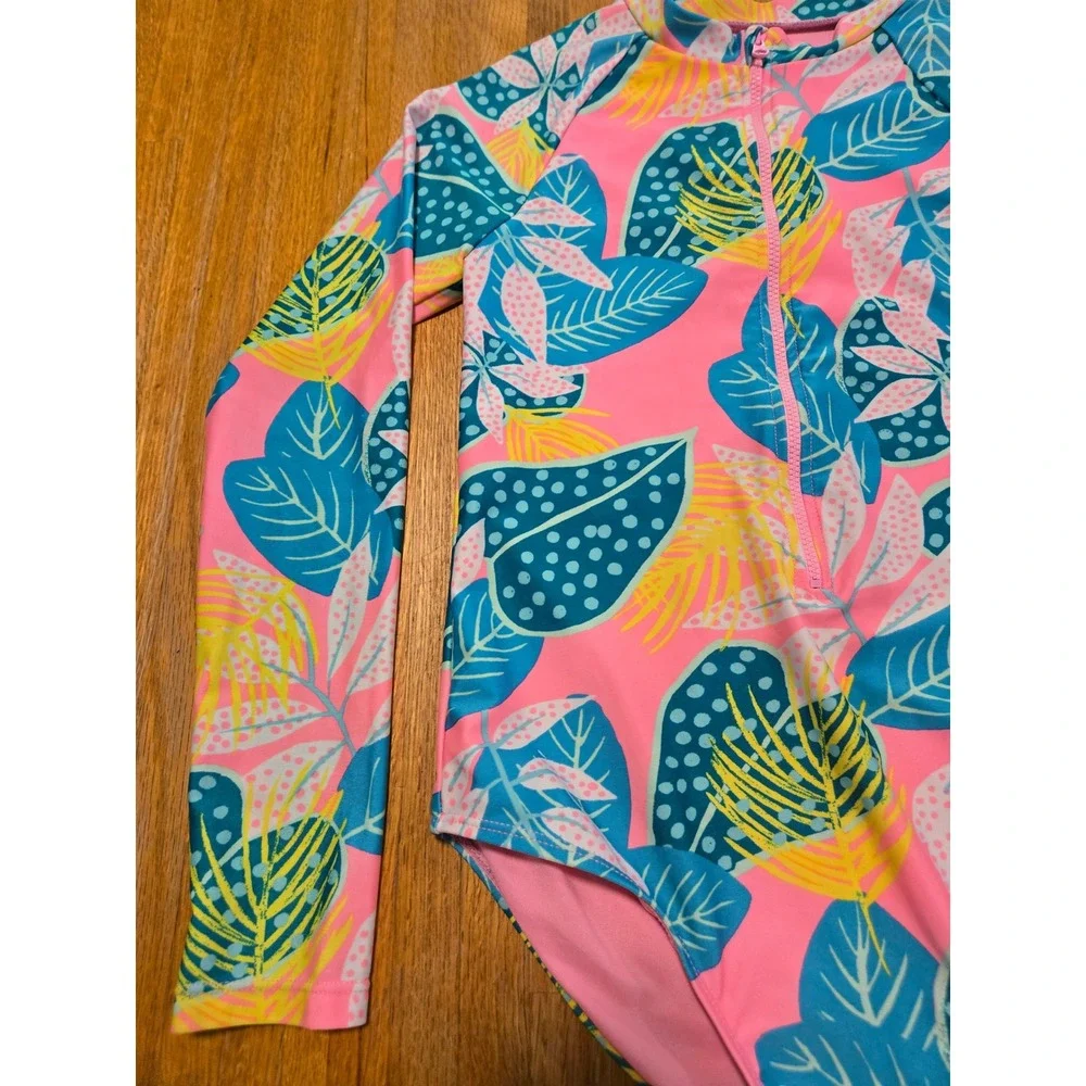 Girls 10 Floral Tropical Long Sleeve One Piece Rash Guard Zip Front Swimsuit
